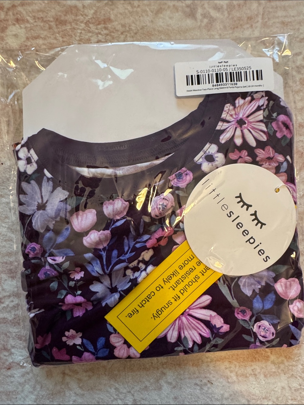 littlesleepies Violet Meadow 2 LS piece - Black with Pink & Purple Flowers 18-24